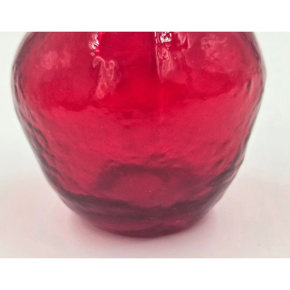 Vintage Rainbow Crackle Glass Ruby Red Hand Blown Ruffle Edge Vase Basket USA